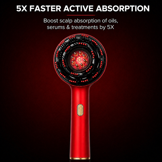 BioniQ Scalp Ease scalp massager shown with hair oil bottle